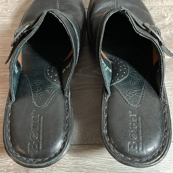 Born Black Leather Buckle Heeled Clogs Mules 8 - Picture 6 of 15